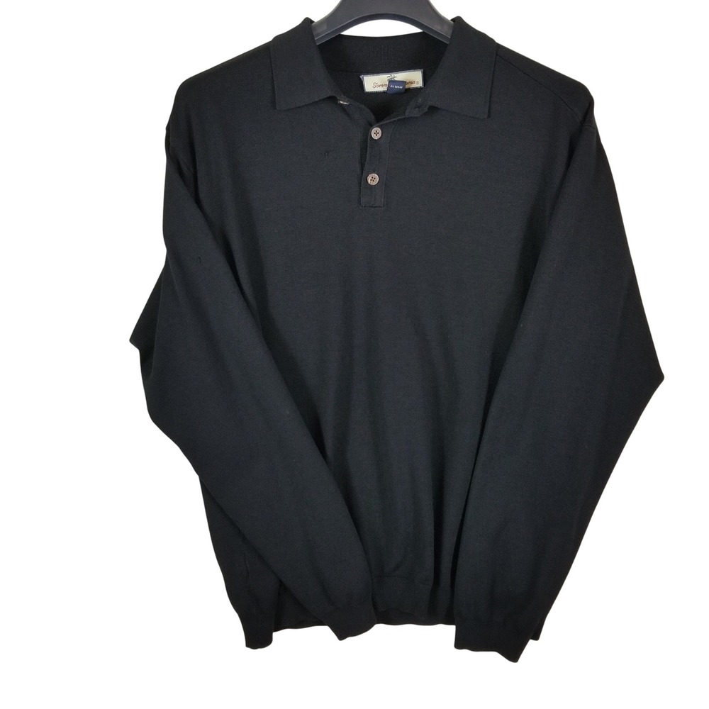 Tommy Bahama Polo Sweater Mens Medium Black Silk Blend Long Sleeve Knit 3-Button